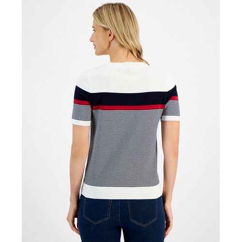 타미힐피거 Womens Cotton Colorblocked Short Sleeve Sweater