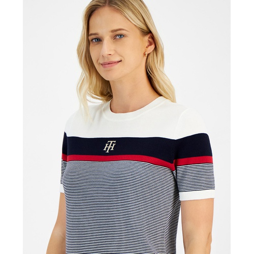 타미힐피거 Womens Cotton Colorblocked Short Sleeve Sweater