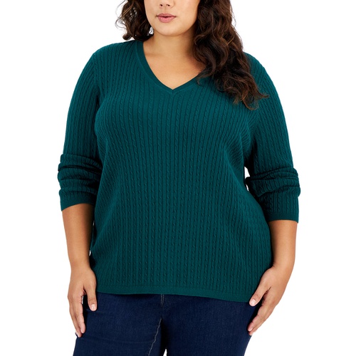 타미힐피거 Plus Size Cable Knit V Neck Ivy Sweater