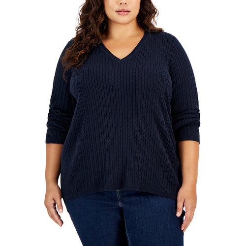 타미힐피거 Plus Size Cable Knit V Neck Ivy Sweater