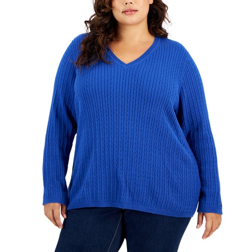 타미힐피거 Plus Size Cable Knit V Neck Ivy Sweater