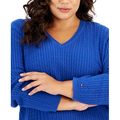 타미힐피거 Plus Size Cable Knit V Neck Ivy Sweater