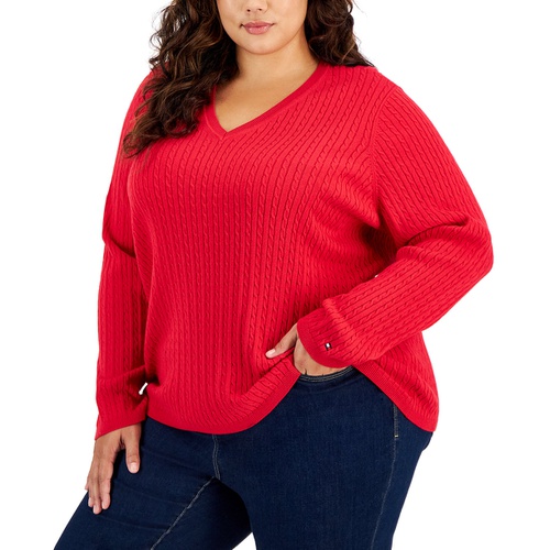 타미힐피거 Plus Size Cable Knit V Neck Ivy Sweater