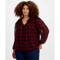 Plus Size Plaid Tie-Neck Smocked-Yoke Top