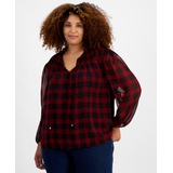 Plus Size Plaid Tie Neck Smocked Yoke Top