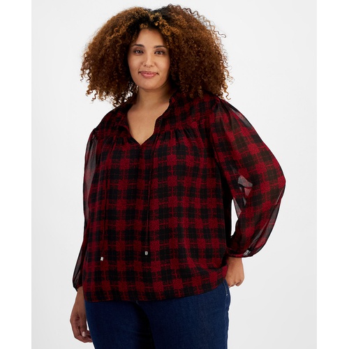 타미힐피거 Plus Size Plaid Tie Neck Smocked Yoke Top