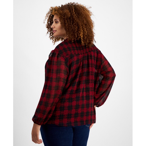 타미힐피거 Plus Size Plaid Tie Neck Smocked Yoke Top