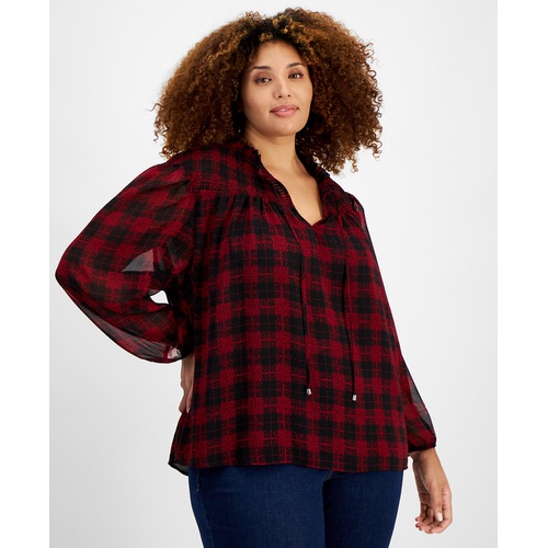 타미힐피거 Plus Size Plaid Tie Neck Smocked Yoke Top