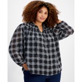 Plus Size Plaid Tie Neck Smocked Yoke Top