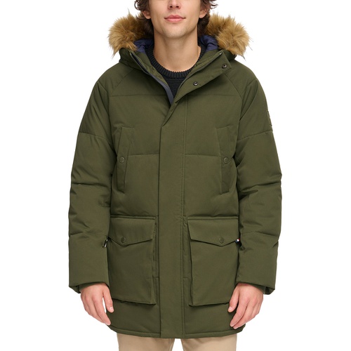 타미힐피거 Mens Long Quilted Parka with Removable Faux-Fur Trim