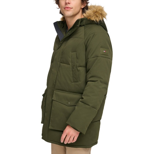 타미힐피거 Mens Long Quilted Parka with Removable Faux-Fur Trim