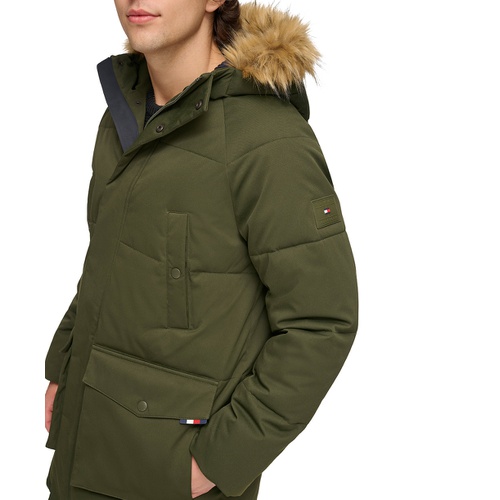 타미힐피거 Mens Long Quilted Parka with Removable Faux-Fur Trim