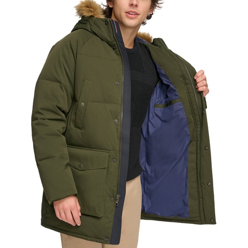 타미힐피거 Mens Long Quilted Parka with Removable Faux-Fur Trim