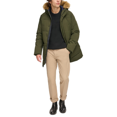 타미힐피거 Mens Long Quilted Parka with Removable Faux-Fur Trim