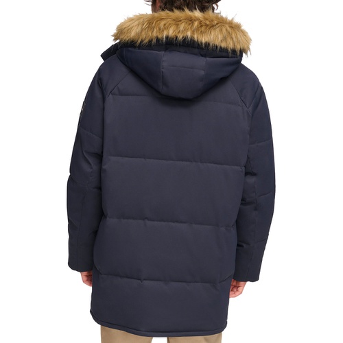 타미힐피거 Mens Long Quilted Parka with Removable Faux-Fur Trim