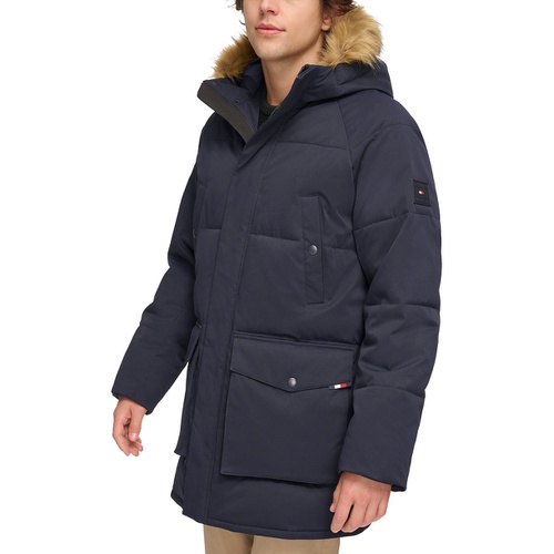 타미힐피거 Mens Long Quilted Parka with Removable Faux-Fur Trim