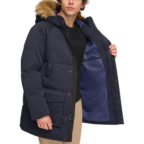 타미힐피거 Mens Long Quilted Parka with Removable Faux-Fur Trim