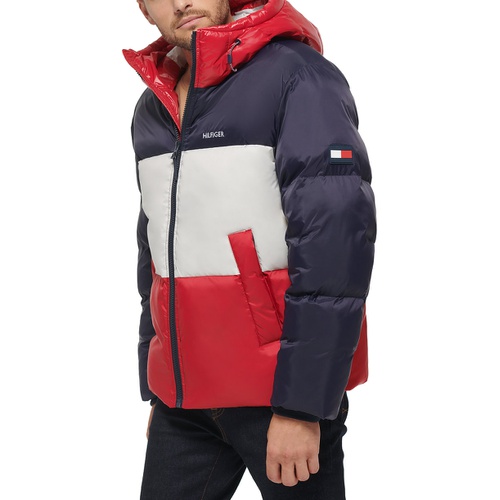 타미힐피거 Mens Colorblock Performance Hooded Puffer Jacket