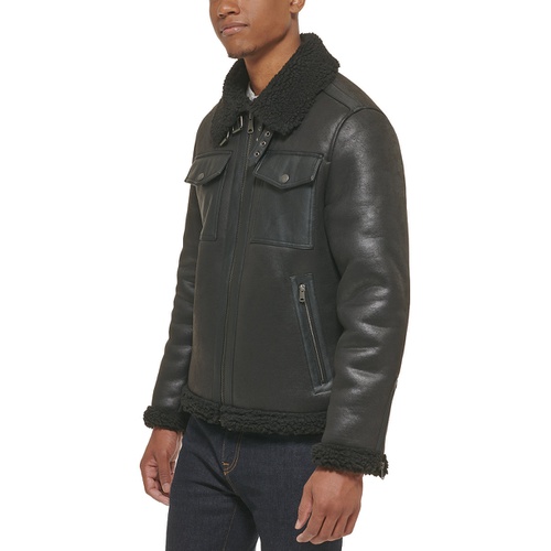 타미힐피거 Mens Faux Leather Shortie Rancher Jacket with Fleece Accents