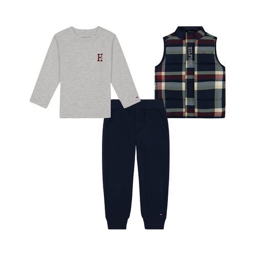 타미힐피거 Toddler Boy Plaid Print Puffer Vest Long Sleeve Jersey Tee and Joggers 3 Piece Set