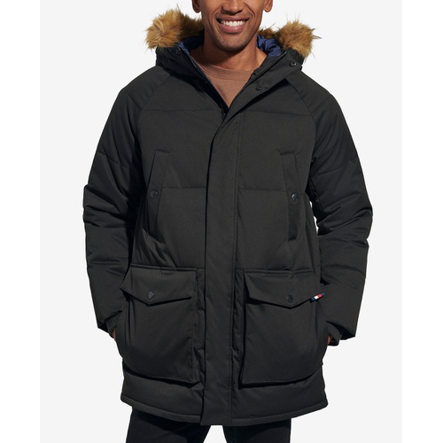 타미힐피거 Mens Long Quilted Parka with Removable Faux Fur Trim