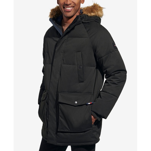 타미힐피거 Mens Long Quilted Parka with Removable Faux Fur Trim