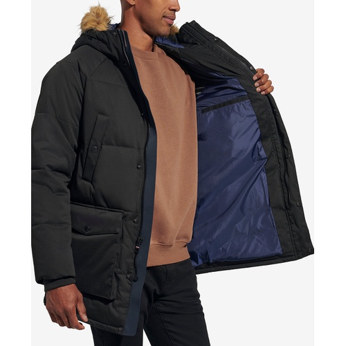 타미힐피거 Mens Long Quilted Parka with Removable Faux Fur Trim