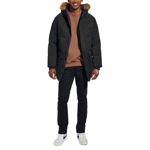 타미힐피거 Mens Long Quilted Parka with Removable Faux Fur Trim