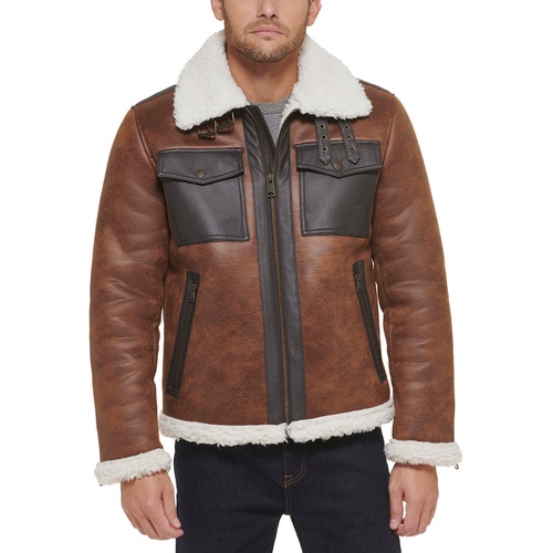 타미힐피거 Mens Faux Leather Shortie Rancher Jacket with Fleece Accents