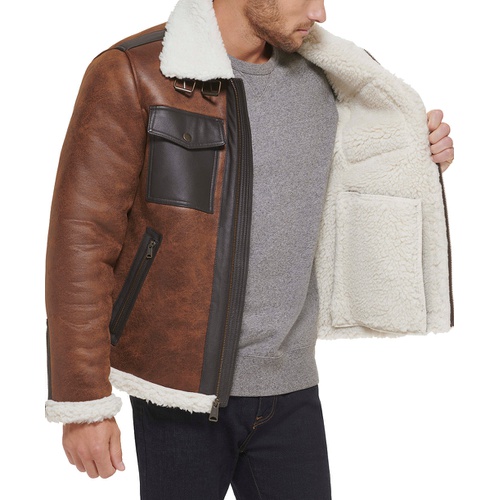 타미힐피거 Mens Faux Leather Shortie Rancher Jacket with Fleece Accents