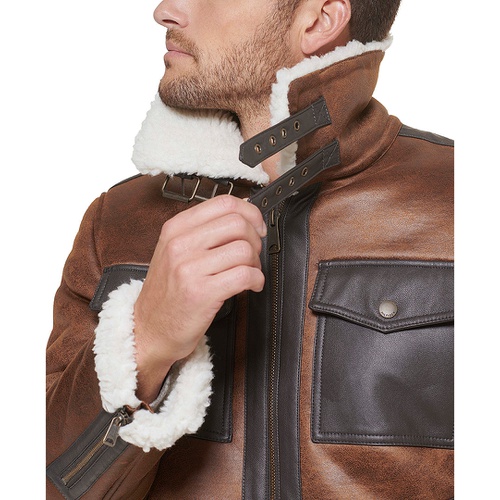 타미힐피거 Mens Faux Leather Shortie Rancher Jacket with Fleece Accents