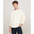 Mens Cable Knit Crewneck Pullover Long Sleeve Flag Sweater