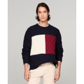 Mens Cable Knit Crewneck Pullover Long Sleeve Flag Sweater