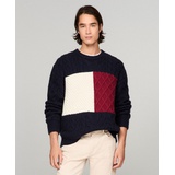 Mens Cable Knit Crewneck Pullover Long Sleeve Flag Sweater