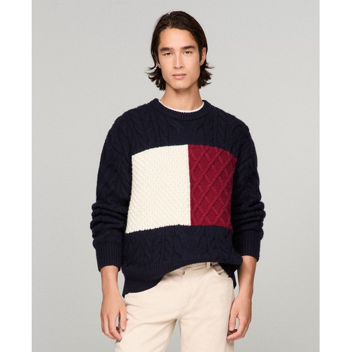 타미힐피거 Mens Cable Knit Crewneck Pullover Long Sleeve Flag Sweater