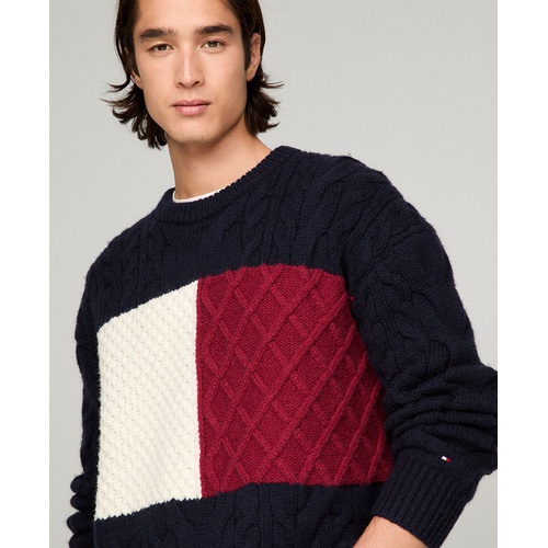 타미힐피거 Mens Cable Knit Crewneck Pullover Long Sleeve Flag Sweater