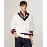 Mens Regular Fit Cable Knit V Neck Cricket Sweater