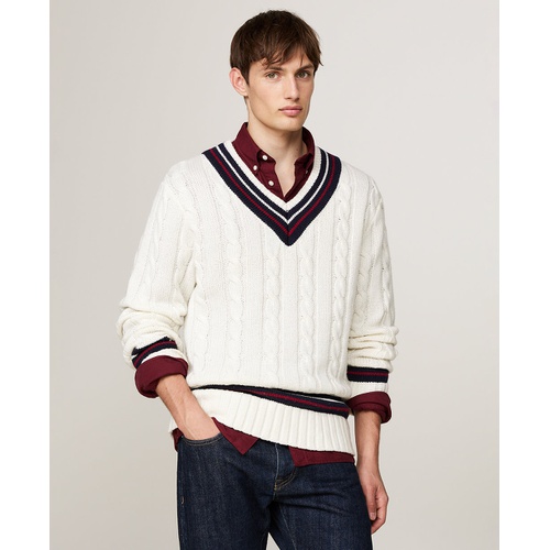 타미힐피거 Mens Regular Fit Cable Knit V Neck Cricket Sweater