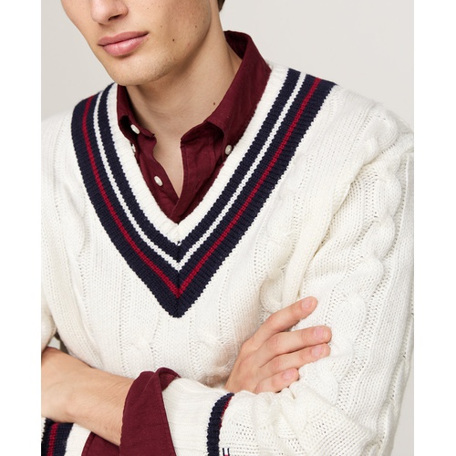 타미힐피거 Mens Regular Fit Cable Knit V Neck Cricket Sweater