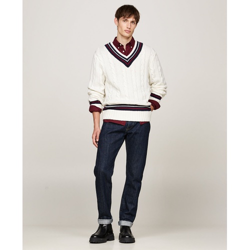 타미힐피거 Mens Regular Fit Cable Knit V Neck Cricket Sweater