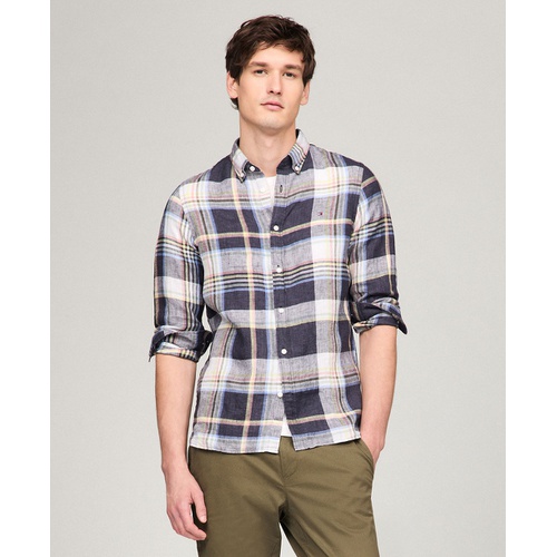 타미힐피거 Mens Iconic Linen Check Slim Fit Long Sleeve Shirt