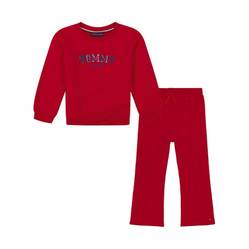 타미힐피거 Toddler and Little Girls Fleece Crossover Hem Crewneck and Pants 2 Piece Set