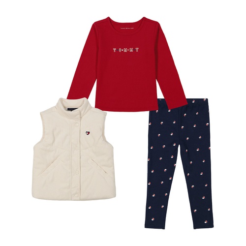 타미힐피거 Toddler and Little Girls Long Sleeve Logo Tee Corduroy Vest and Printed Leggings 3 Piece Set