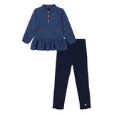 Toddler and Little Girls Ruffle Hem Long Sleeve Denim Tunic and Ribbed Leggings 2 Piece Set