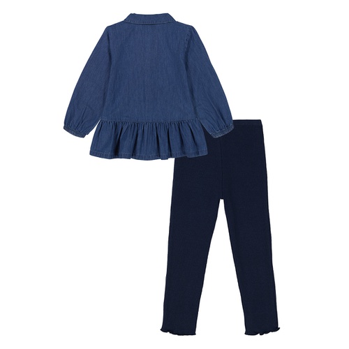 타미힐피거 Toddler and Little Girls Ruffle Hem Long Sleeve Denim Tunic and Ribbed Leggings 2 Piece Set