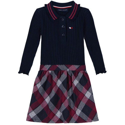 타미힐피거 Toddler and Little Girls Ribbed Plaid Long Sleeve Polo Dress