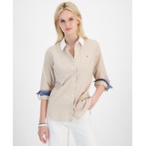 Womens Cotton Bengal Stripe Roll Tab Shirt t