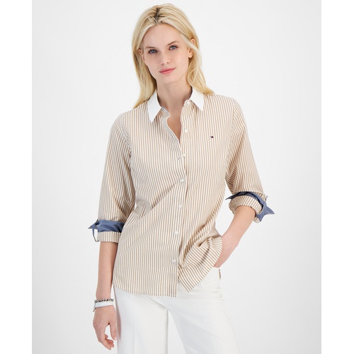 타미힐피거 Womens Cotton Bengal Stripe Roll Tab Shirt t