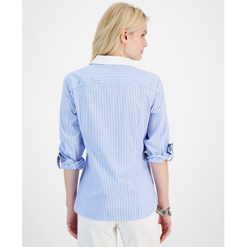 타미힐피거 Womens Cotton Bengal Stripe Roll Tab Shirt t