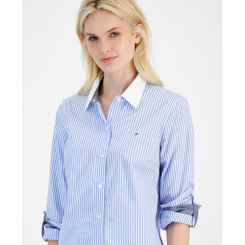 타미힐피거 Womens Cotton Bengal Stripe Roll Tab Shirt t